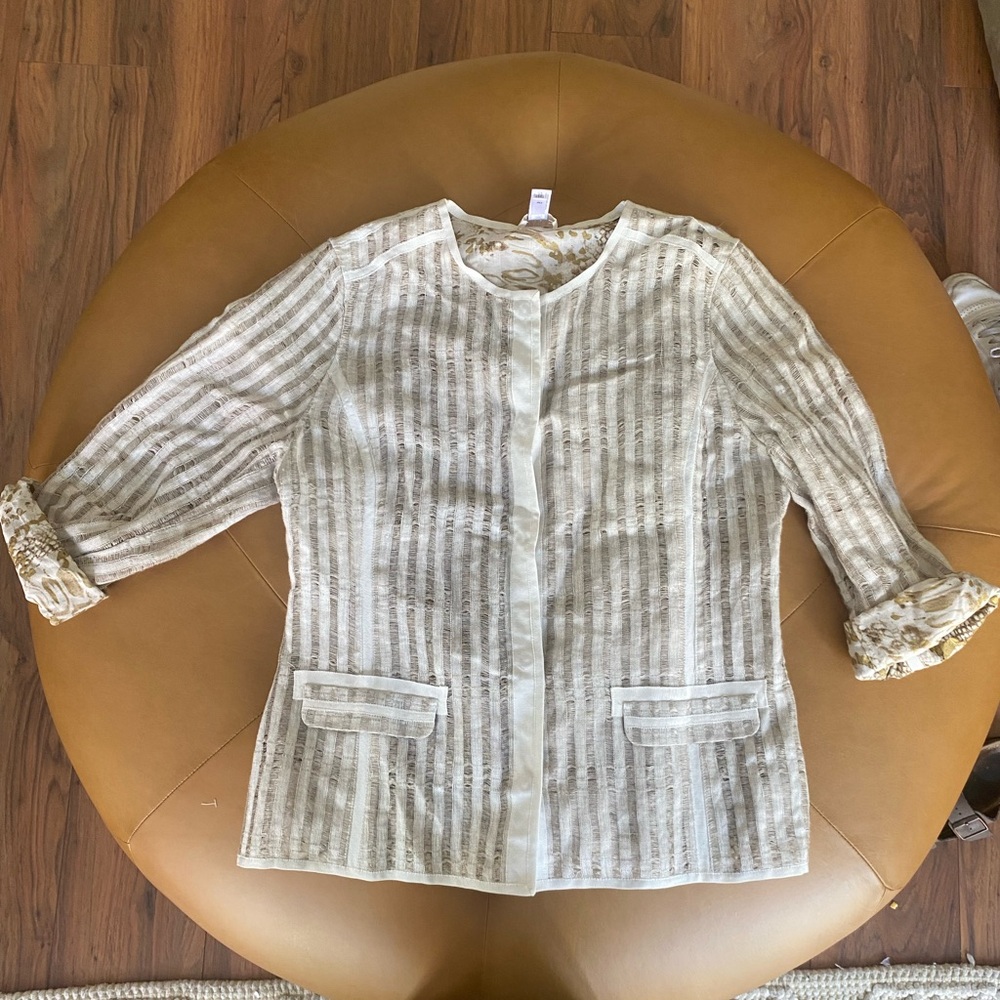 Chico’s Reversible Jacket Shirt Blouse Striped Open Weave Animal Print Size 1